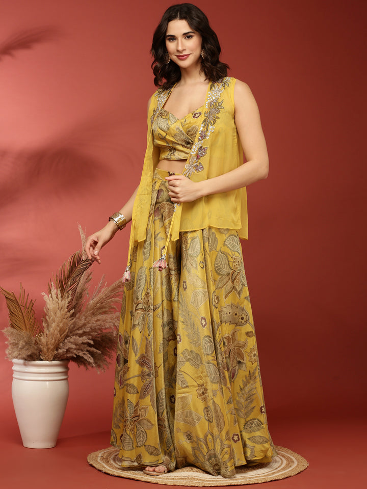 Variyali Green Organza Crop Top Palazzo Set