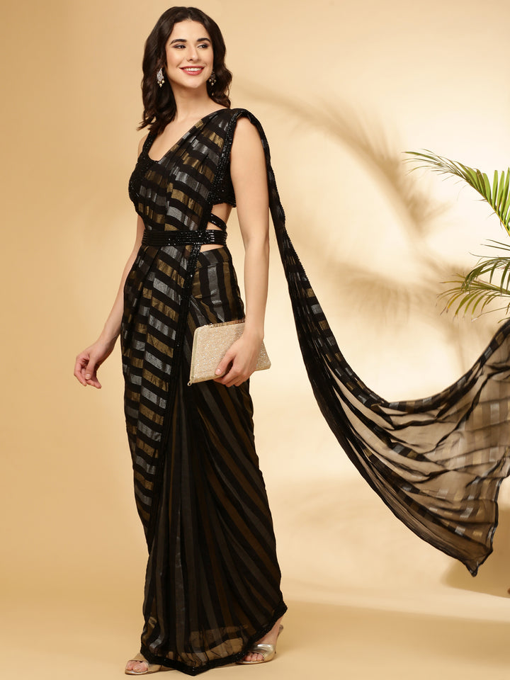Black Tissue Drape Saree With Belt