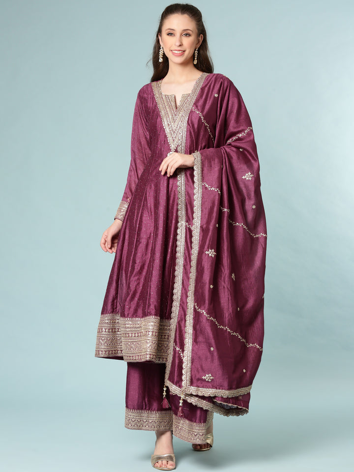 Wine Silk Anarkali Set