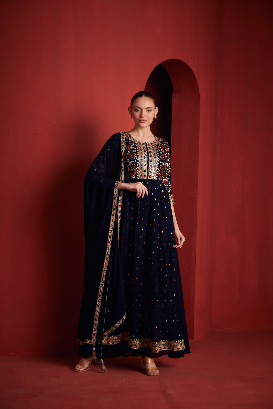 Neerus Black georgette kurta set - front view