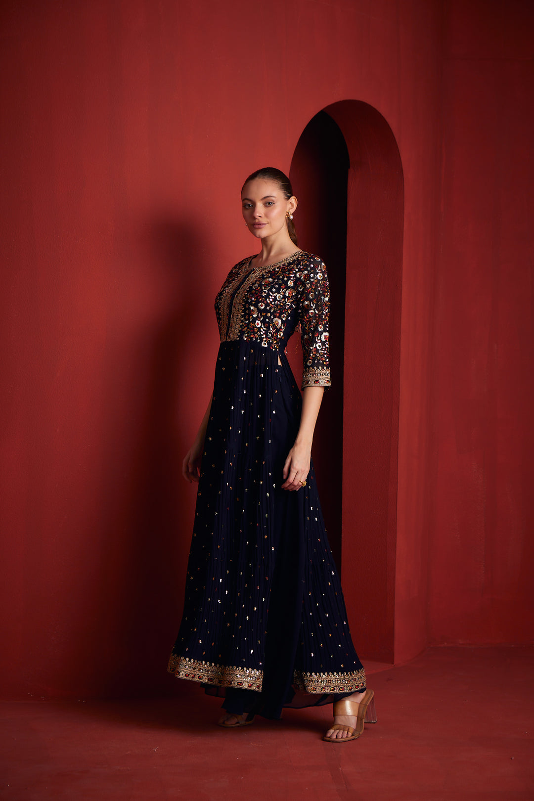 Neerus Black georgette kurta set - side view