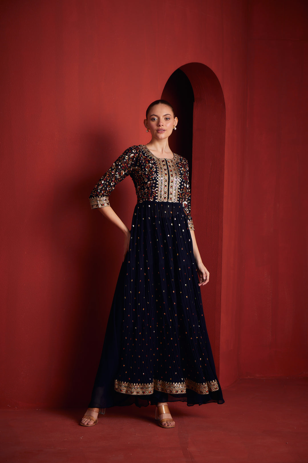 Neerus Black georgette kurta set - detail view 1
