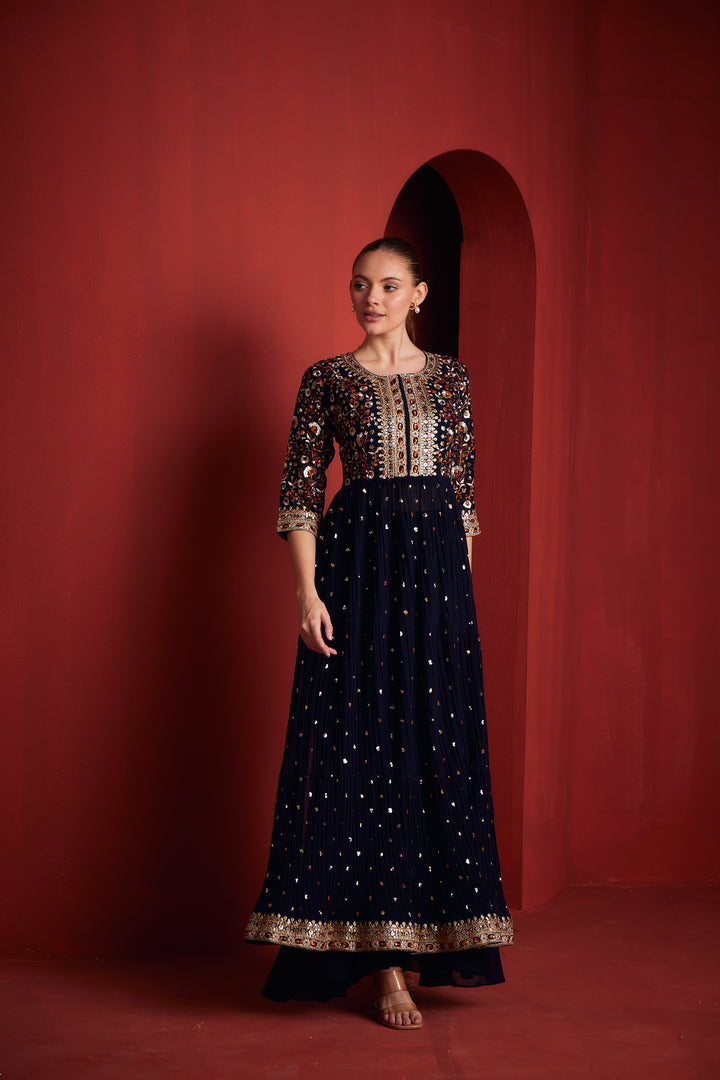 Neerus Black georgette embroidered suit set - detail view 2