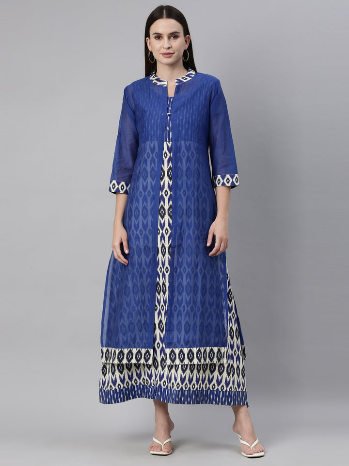 Neerus Blue Chanderi Ikat Printed Kurti - front view