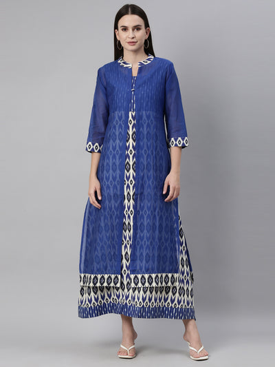 Neerus Women Blue Chanderi Ikat Silk Kurta