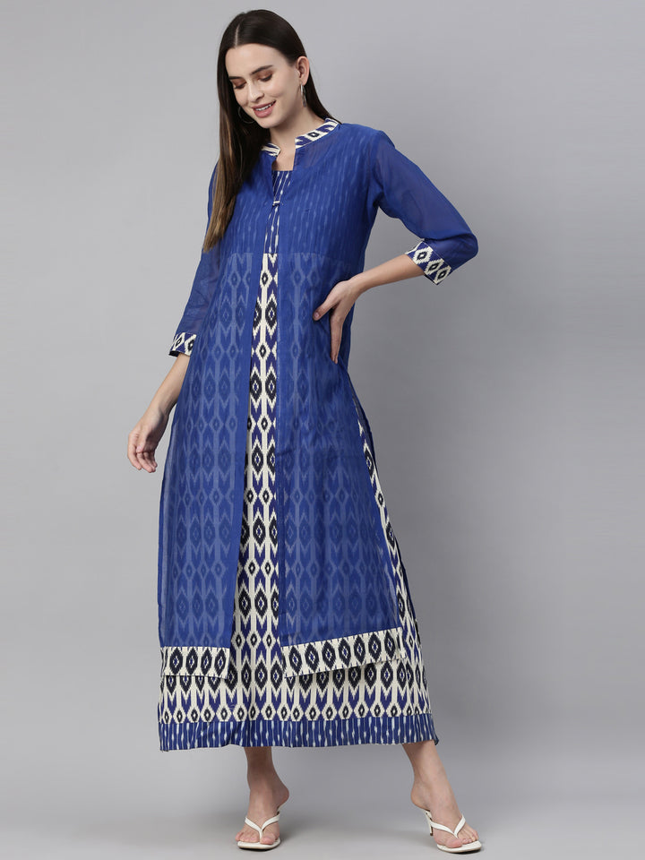 Neerus Blue Chanderi Ikat Printed Kurti - detail view 4
