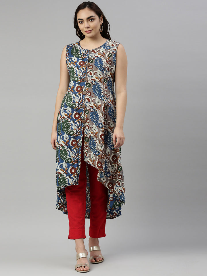 Neerus Blue cotton solid kurti - front view