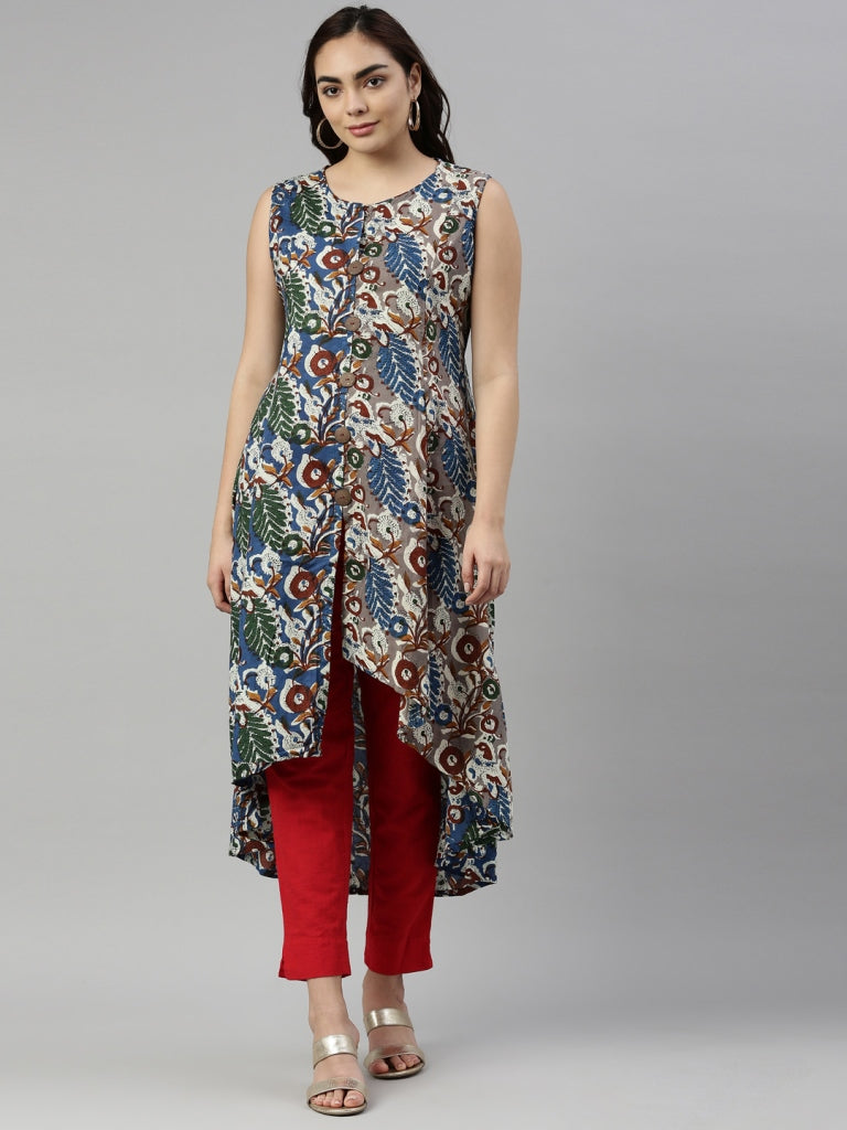 Neerus Blue floral printed kurta - front view