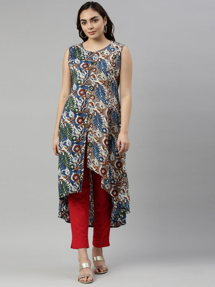 Neerus Blue cotton printed kurti - front view
