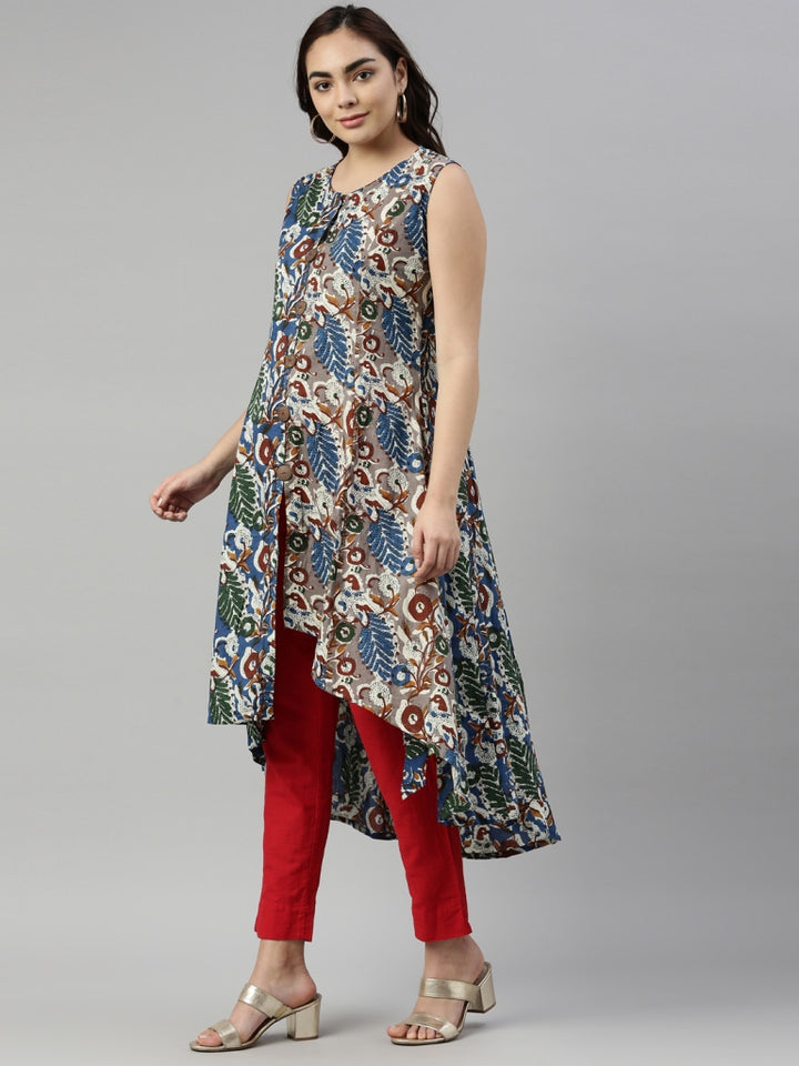 Neerus Blue cotton printed kurti - back view