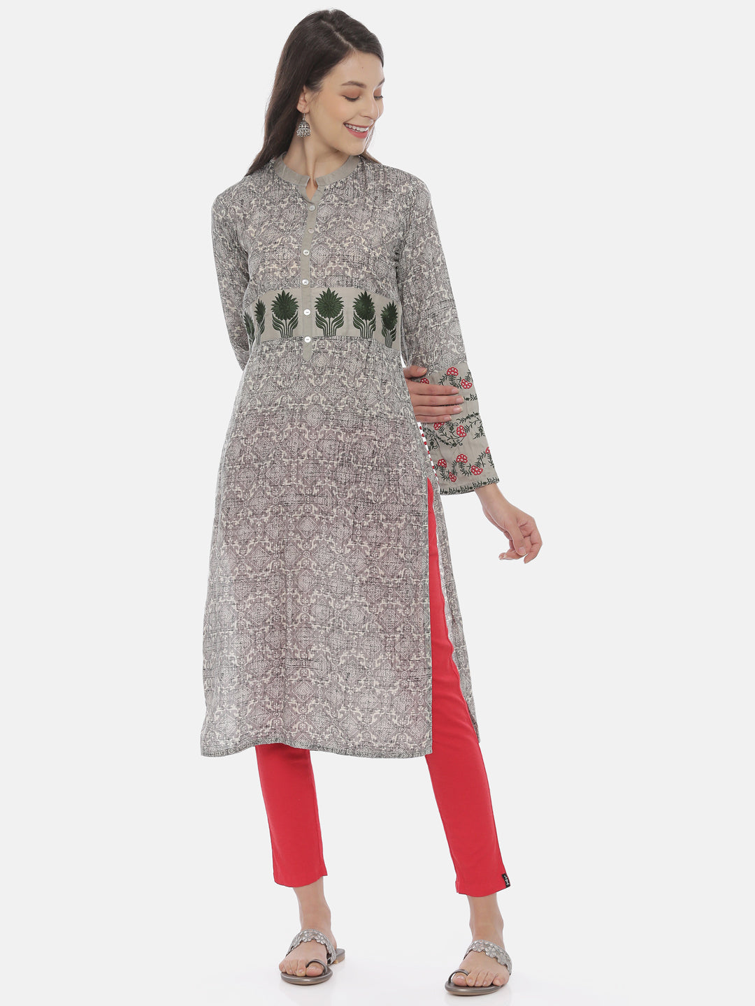Neerus Grey cotton printed kurti - front view