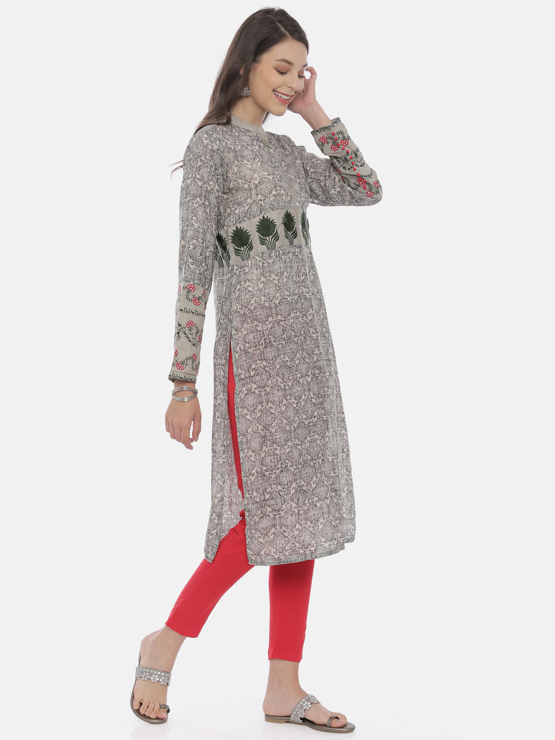Neerus Grey cotton printed kurti - back view
