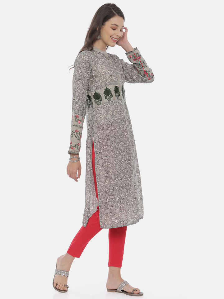 Neerus Grey cotton printed kurti - back view