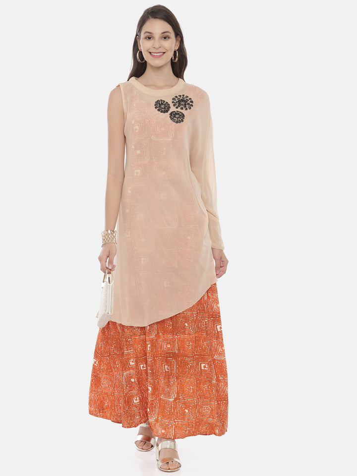 Neerus Beige cotton embroidered A-line kurti - front view