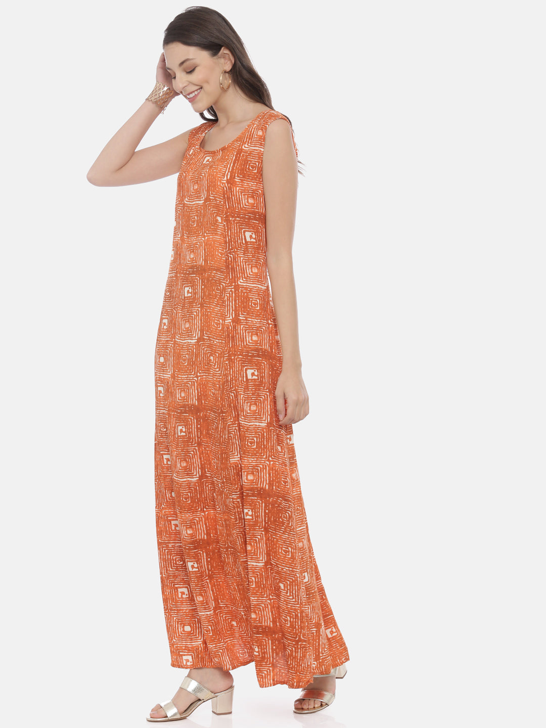 Neerus Beige cotton embroidered A-line kurti - back view