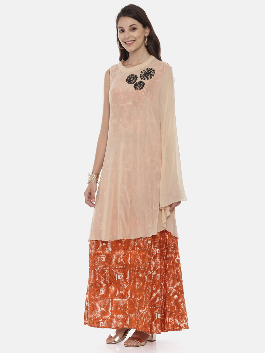 Neerus Beige cotton embroidered A-line kurti - side view