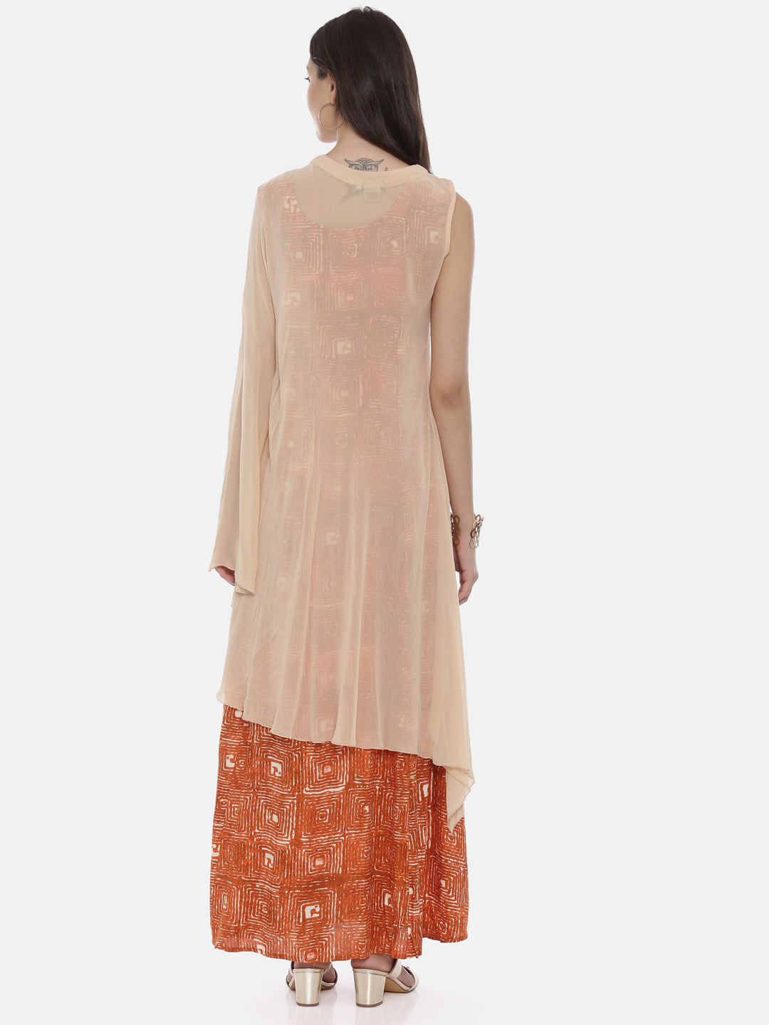 Neerus Beige cotton embroidered A-line kurti - detail view 1