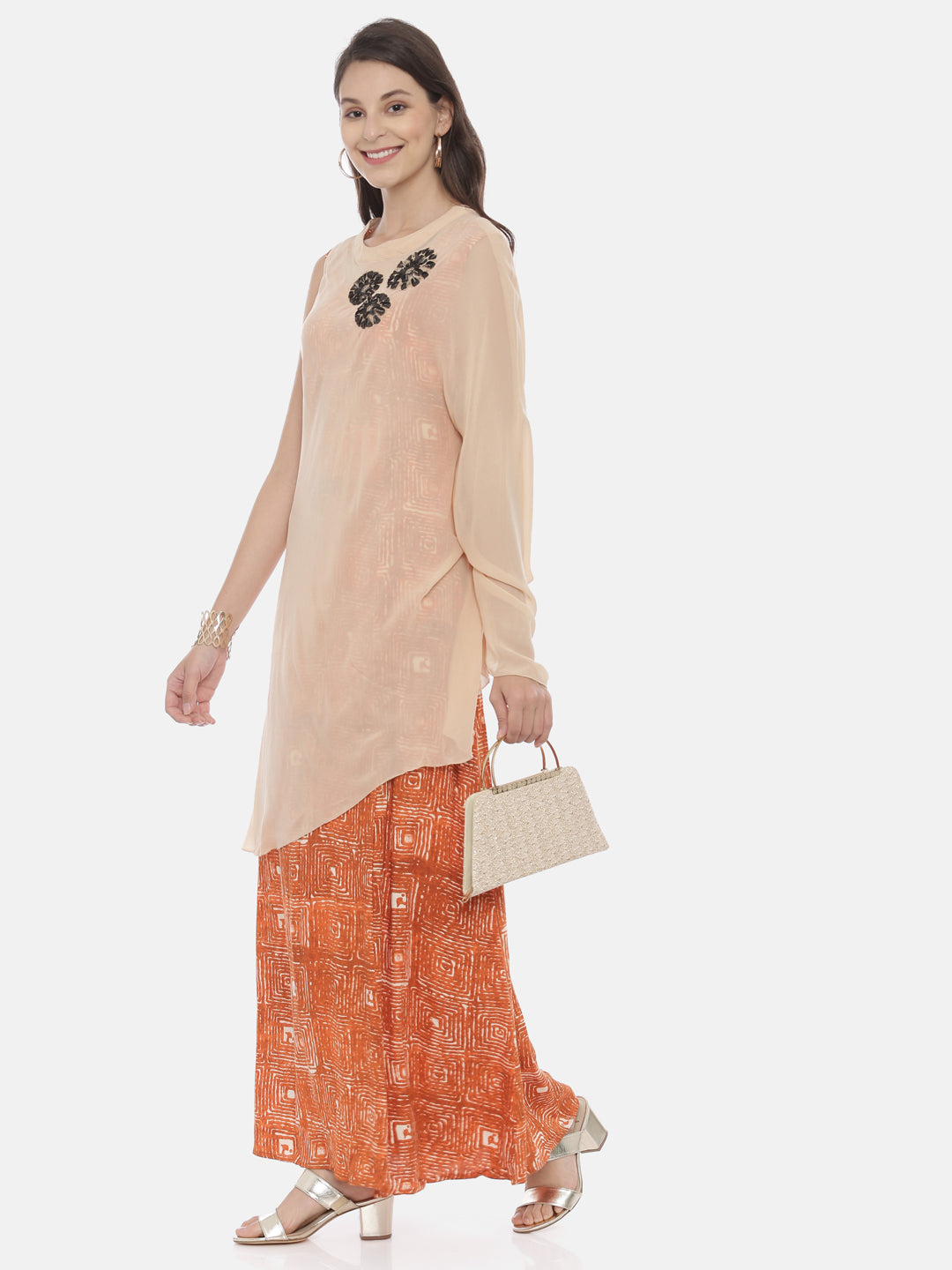 Neerus Beige cotton embroidered A-line kurti - detail view 3