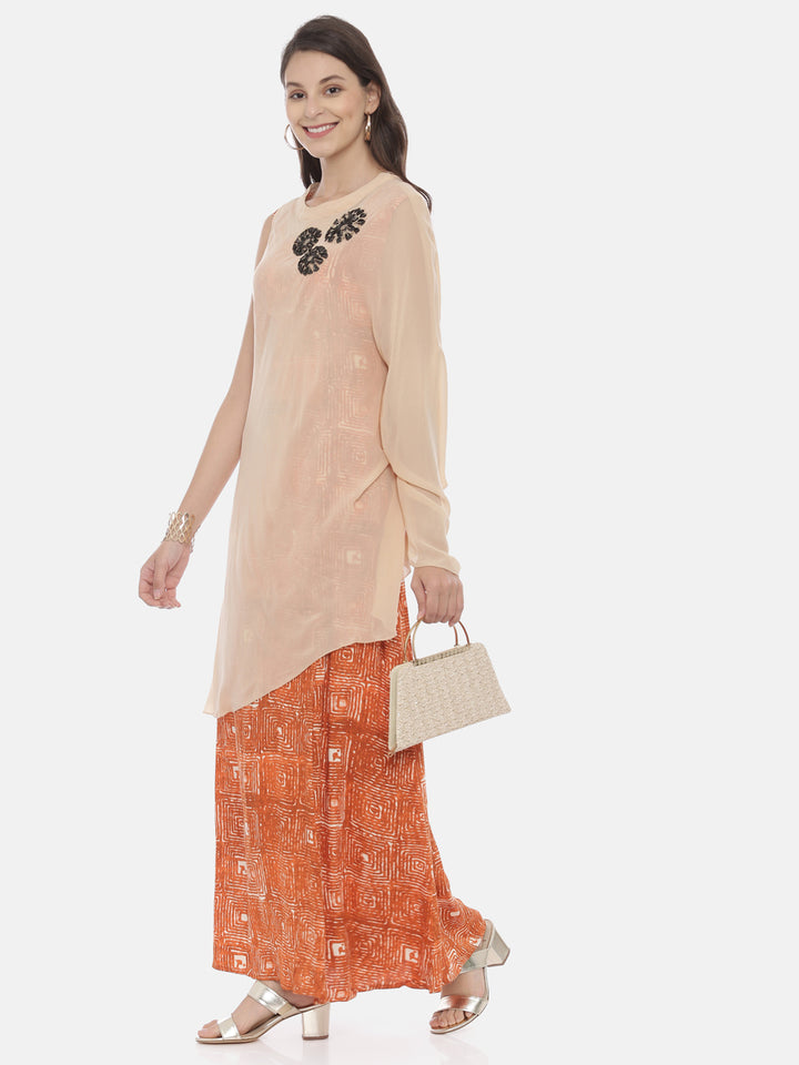 Neerus Beige cotton embroidered A-line kurti - detail view 3