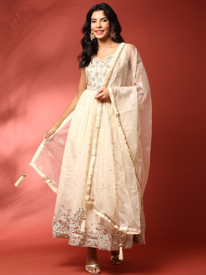 Neerus Beige Solid Tissue Anarkali Suit Set