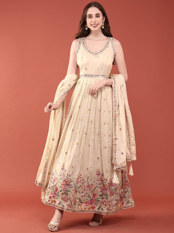 Cream Tissue Floral Embroidered Anarkali Set