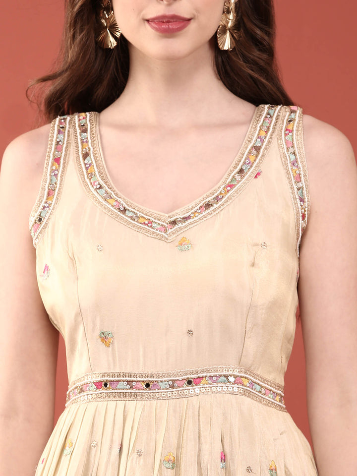 Cream Tissue Floral Embroidered Anarkali Set