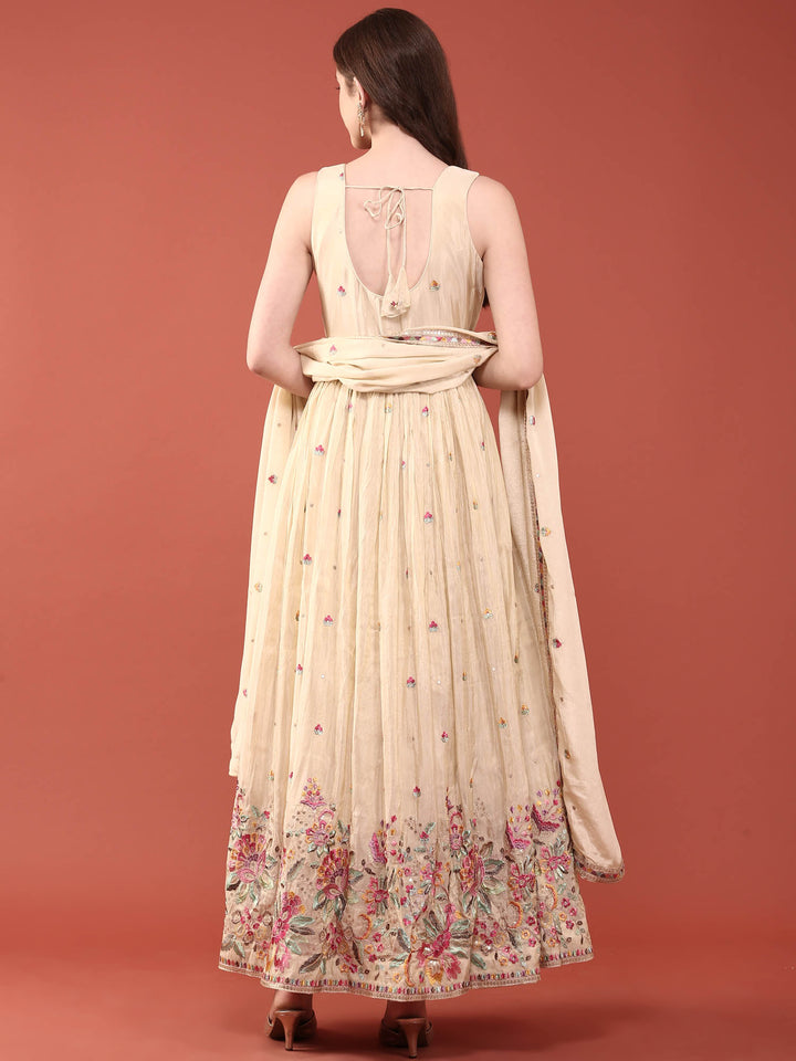 Cream Tissue Floral Embroidered Anarkali Set