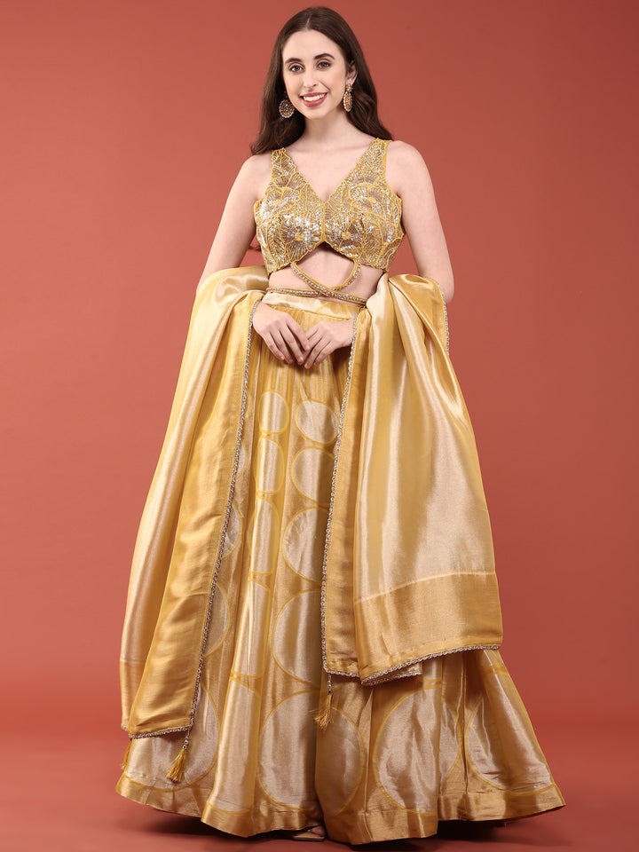 Yellow Net Fabric With Sequence And Hand Embroidery Ghagra Set