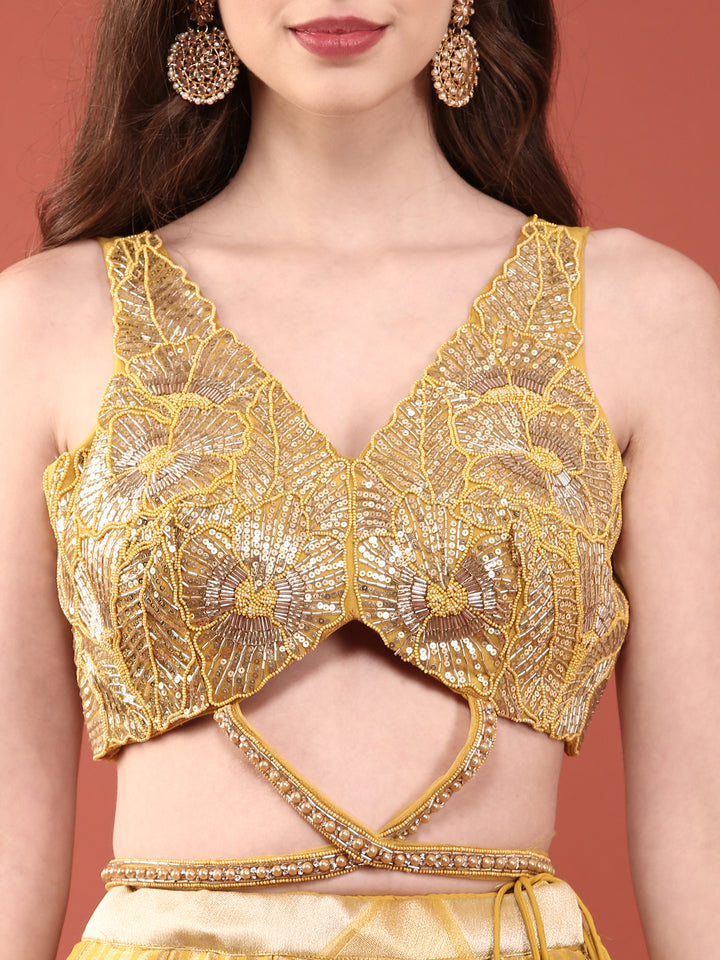 Yellow Net Fabric With Sequence And Hand Embroidery Ghagra Set