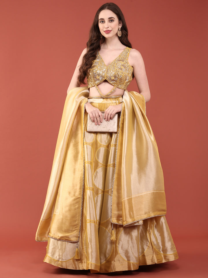 Yellow Net Fabric With Sequence And Hand Embroidery Ghagra Set