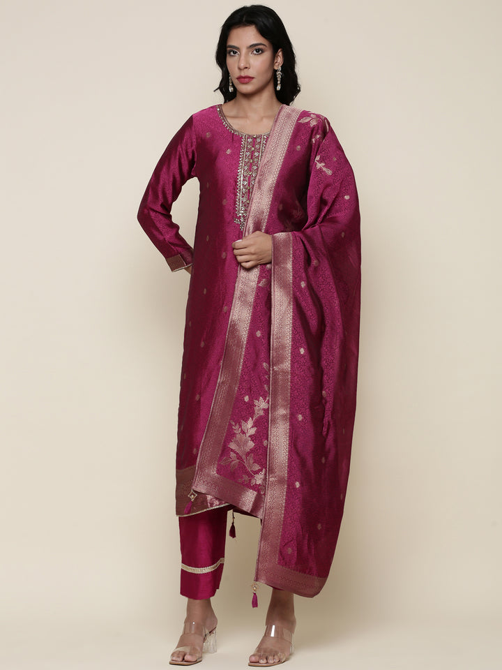 Magenta Silk embroidered three piece suit set