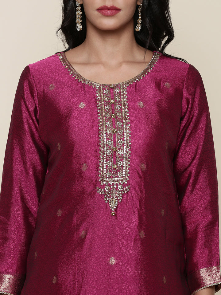 Magenta Silk embroidered three piece suit set