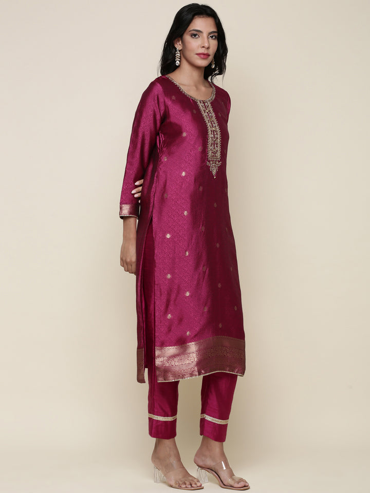 Magenta Silk embroidered three piece suit set