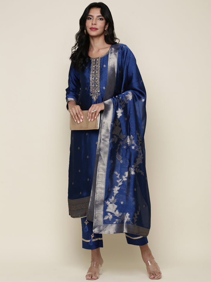 Midnight Blue Silk Hand embroidered three piece suit set
