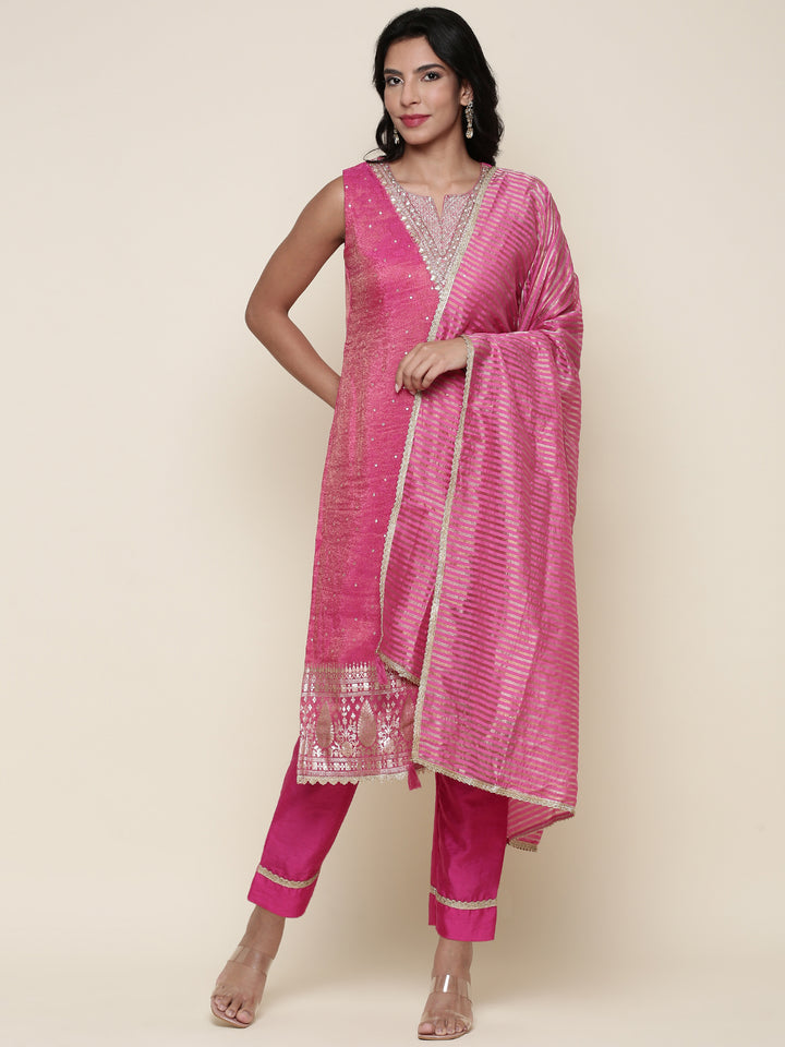 Pink Tissue Suit Embroidered three piece set