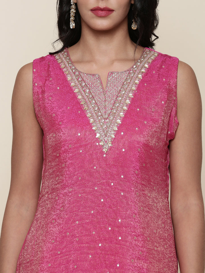 Pink Tissue Suit Embroidered three piece set