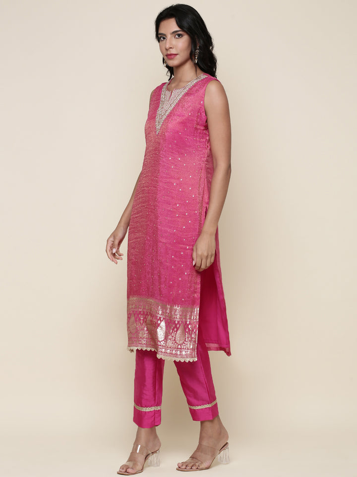 Pink Tissue Suit Embroidered three piece set