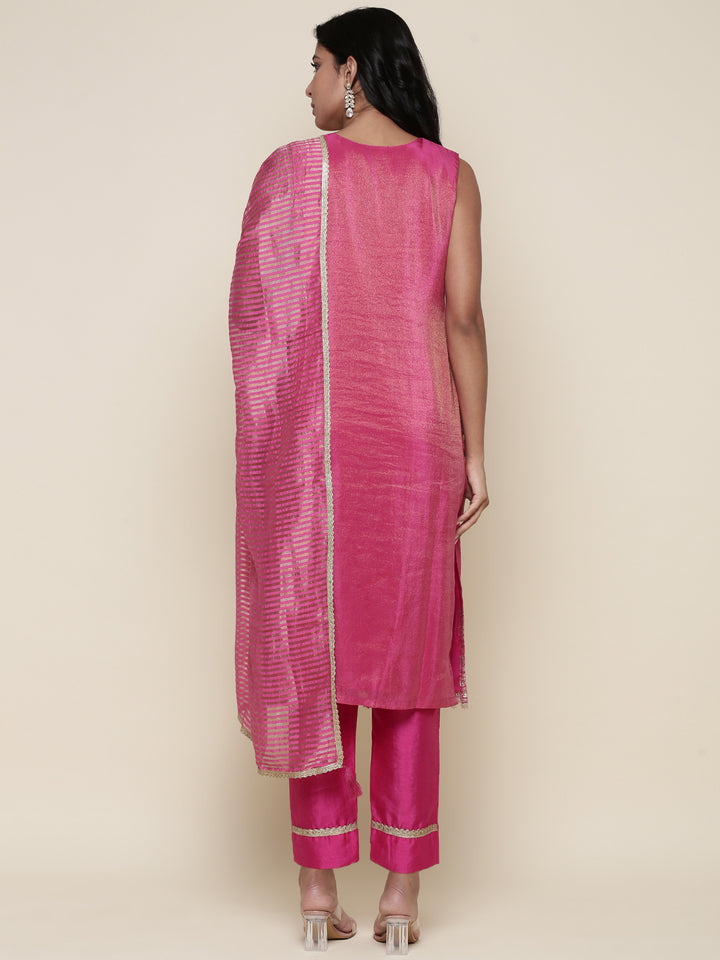 Pink Tissue Suit Embroidered three piece set