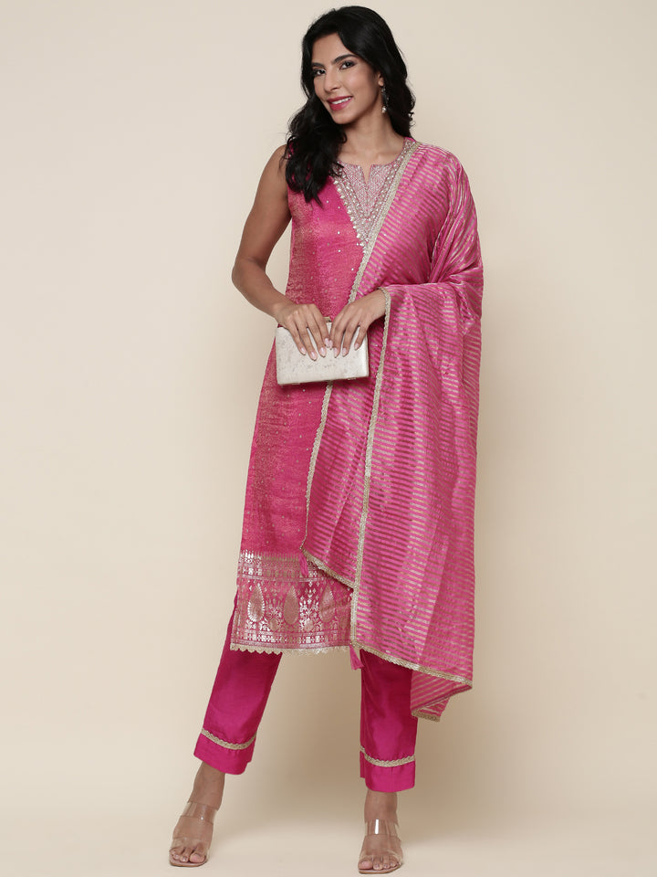 Pink Tissue Suit Embroidered three piece set
