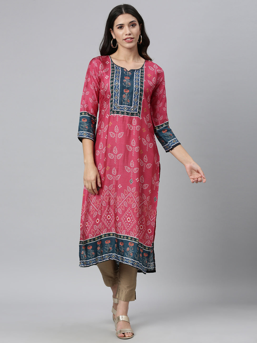 Neerus Women Pink  Navy Blue Ethnic Motifs Printed Kurta