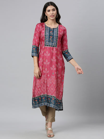 Neerus Women Pink  Navy Blue Ethnic Motifs Printed Kurta