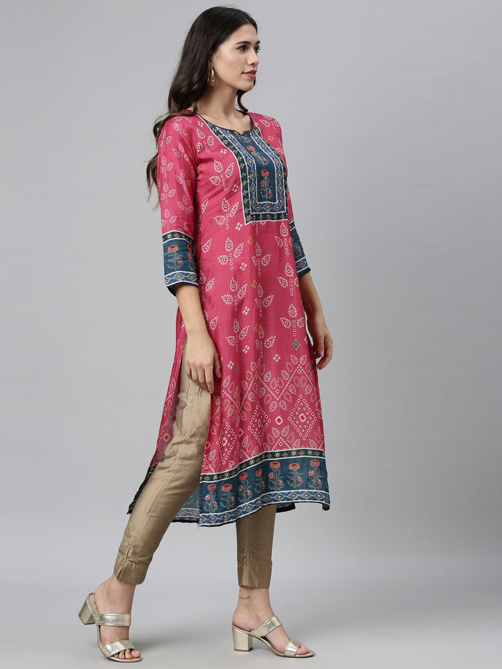 Neerus Pink ethnic printed kurta for women - side view