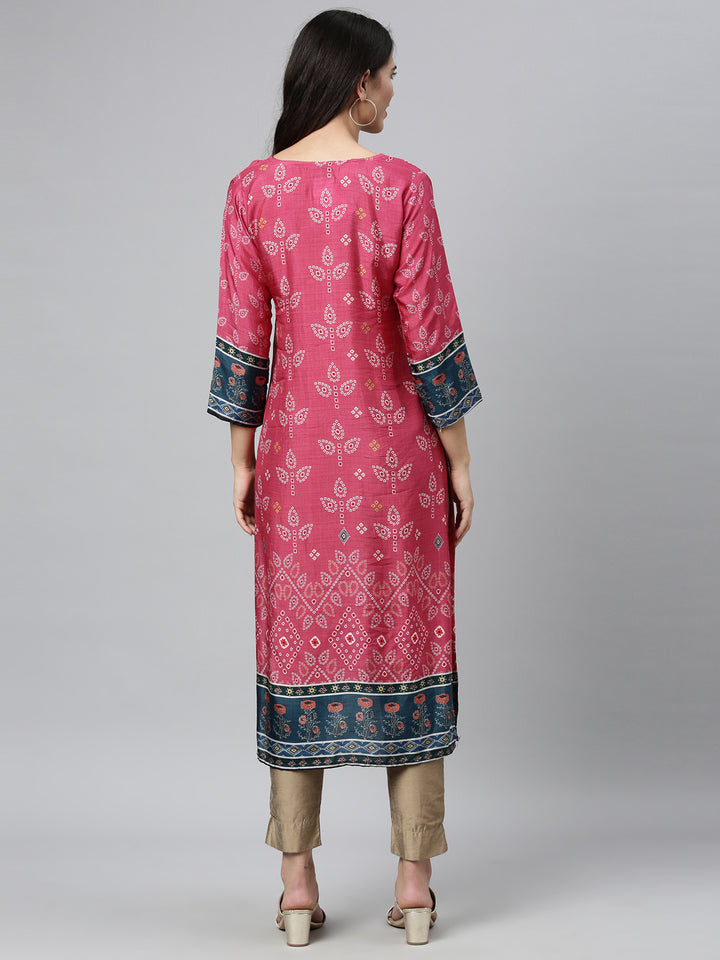 Neerus Pink ethnic printed kurta for women - detail view 1