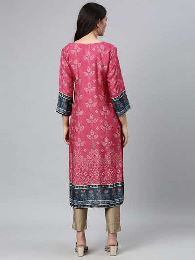 Neerus Women Pink  Navy Blue Ethnic Motifs Printed Kurta