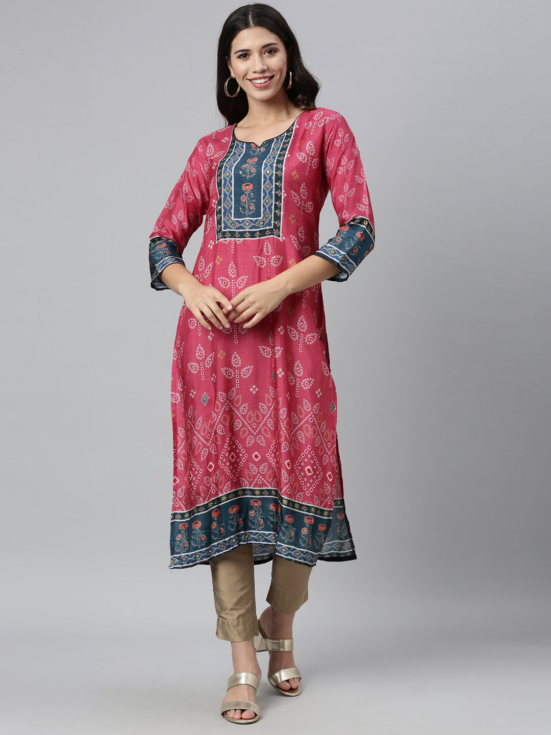 Neerus Women Pink  Navy Blue Ethnic Motifs Printed Kurta