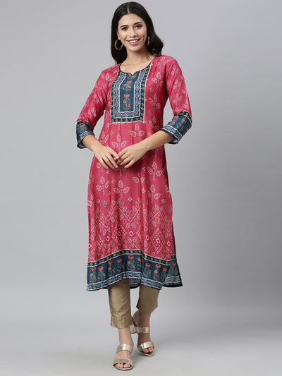 Neerus Women Pink  Navy Blue Ethnic Motifs Printed Kurta