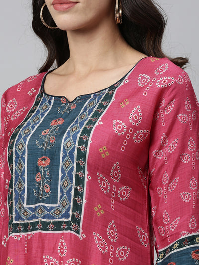 Neerus Women Pink  Navy Blue Ethnic Motifs Printed Kurta
