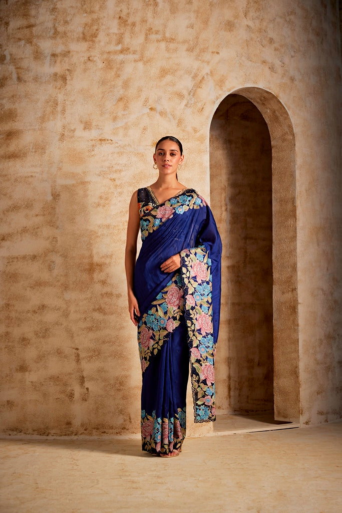 Neerus Royal Blue Color Satin Fabric Saree