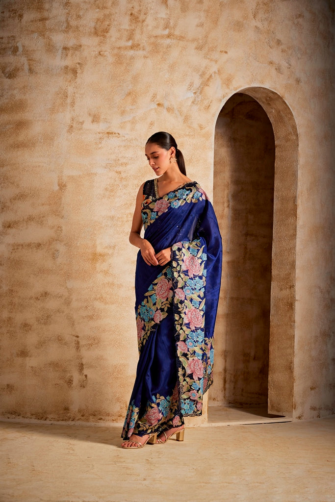 Neerus Royal Blue Color Satin Fabric Saree