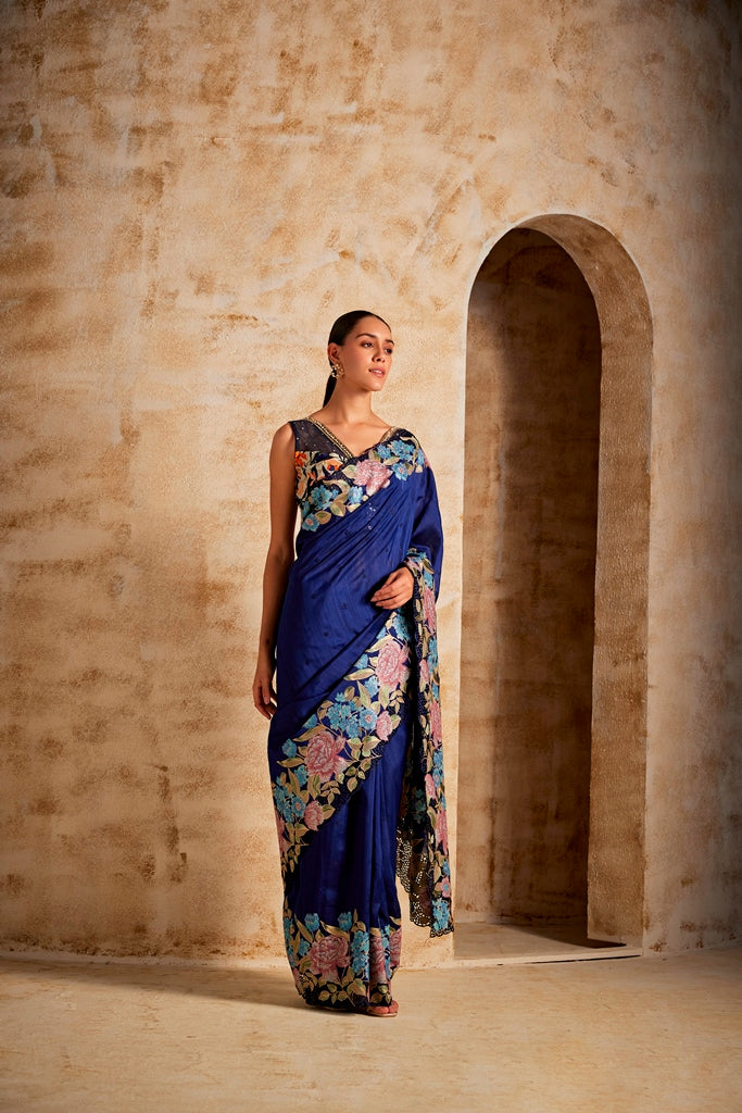 Neerus Royal Blue Color Satin Fabric Saree